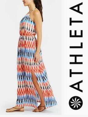 Athleta Sunset Drawsting Waist Halter Maxi Dress Blue Multi Ikat Print Sz S
